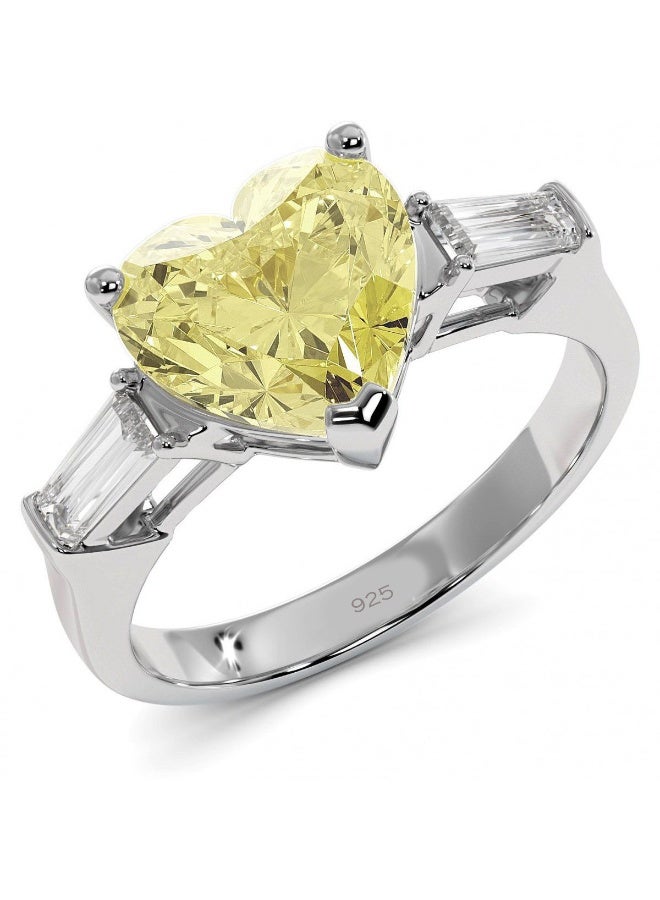 أيه كيه جويلز خاتم من الفضة الإسترليني عيار 925 مرصع بحجر الزركون الأصفر على شكل قلب مع أحجار جانبية على شكل باغيت - قطعة مجوهرات أنيقة وجذابة للنساء - Image 1